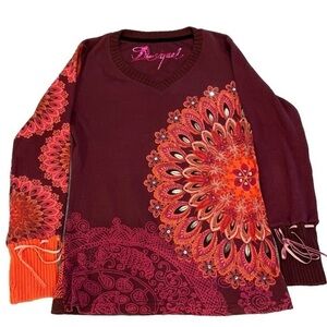 Desigual geometric print Top, long sleeve, burgundy. Size M